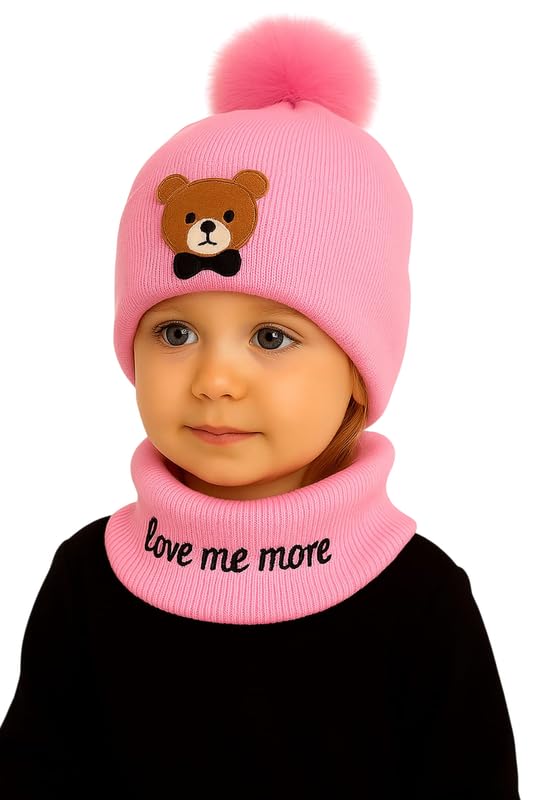 Krystle Kids Knit Animal Ear Hat with Pom Pom and Scarf - Bear or Cat Design Winter Beanie for Boys and Girls (Pink, 3Months-3 Years) - Image 4