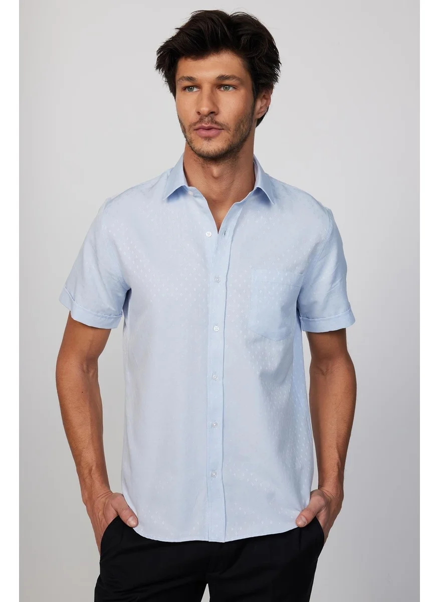 Tudors Classic Fit Short Sleeve Tie Holder Dobby Single Pocket Plain Blue Men's Shirt