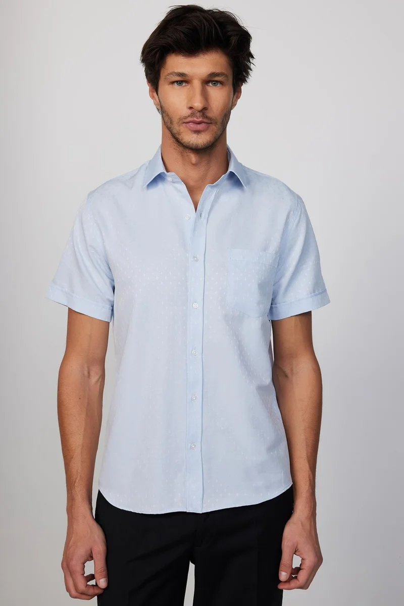 تودورس Classic Fit Short Sleeve Tie Holder Dobby Single Pocket Plain Blue Men's Shirt