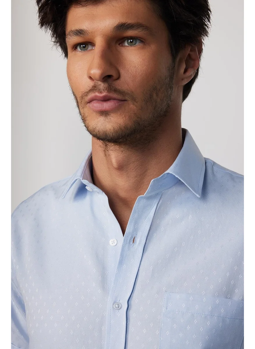 Tudors Classic Fit Short Sleeve Tie Holder Dobby Single Pocket Plain Blue Men's Shirt