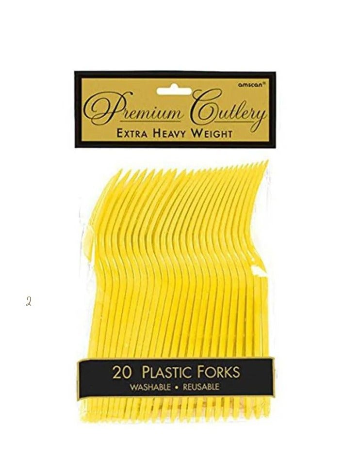 Amscan Reusable Heavy Duty Food Grade Plastic Forks, Yellow - 20pcs - Image 1
