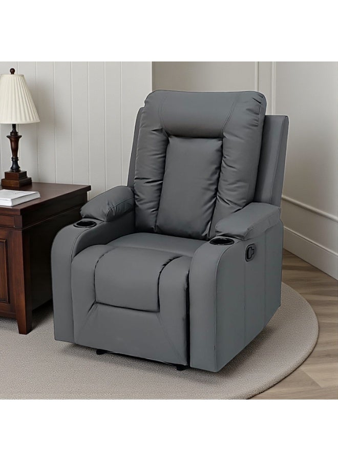 مفروشات صابر واخوانه (ذ.م.م) SBF Single Seater PU Leather Manual Recliner with Cup Holders - Modern Design, Ultimate Comfort, One-Seat Relaxing Chair, Ideal Living Room Furniture For Home Relaxation Experience, Grey - Image 5