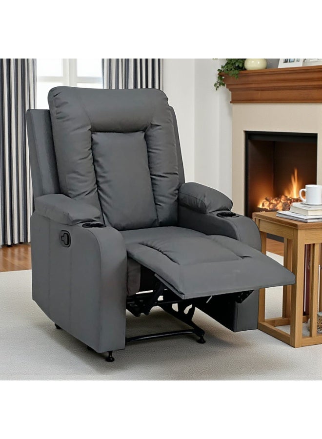 مفروشات صابر واخوانه (ذ.م.م) SBF Single Seater PU Leather Manual Recliner with Cup Holders - Modern Design, Ultimate Comfort, One-Seat Relaxing Chair, Ideal Living Room Furniture For Home Relaxation Experience, Grey - Image 2