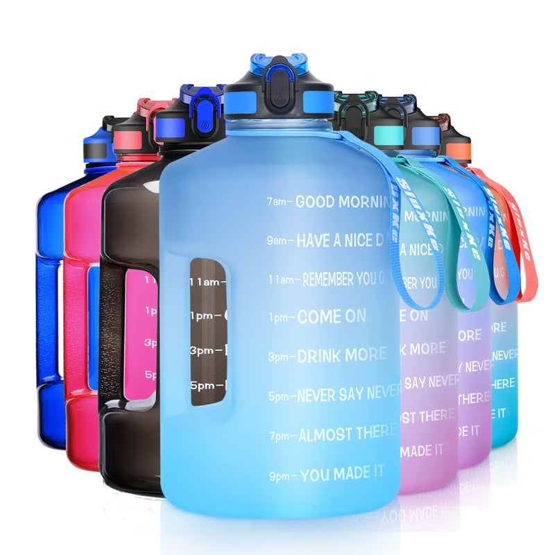 SLUXKE Gallon Water Bottle with Time Marker BPA Free, 128oz Huge Sports Water Bottle with Handle and Straw Leak Proof, One Click Open Big Water Jug Blue Blue - Image 1