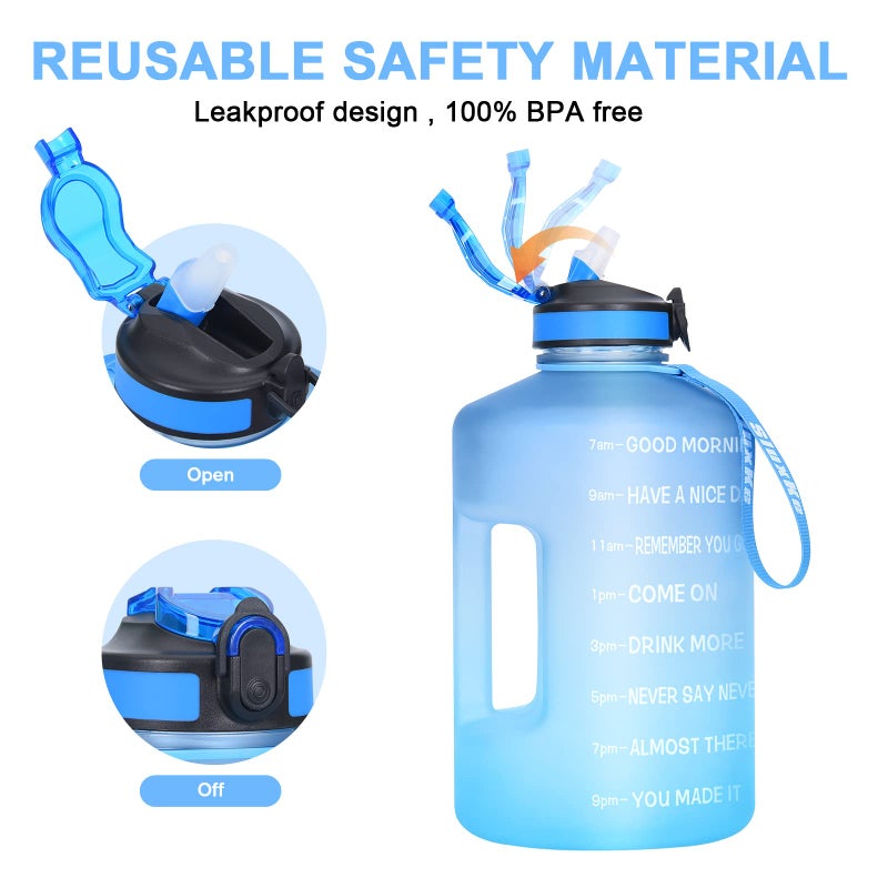 SLUXKE Gallon Water Bottle with Time Marker BPA Free, 128oz Huge Sports Water Bottle with Handle and Straw Leak Proof, One Click Open Big Water Jug Blue Blue - Image 2