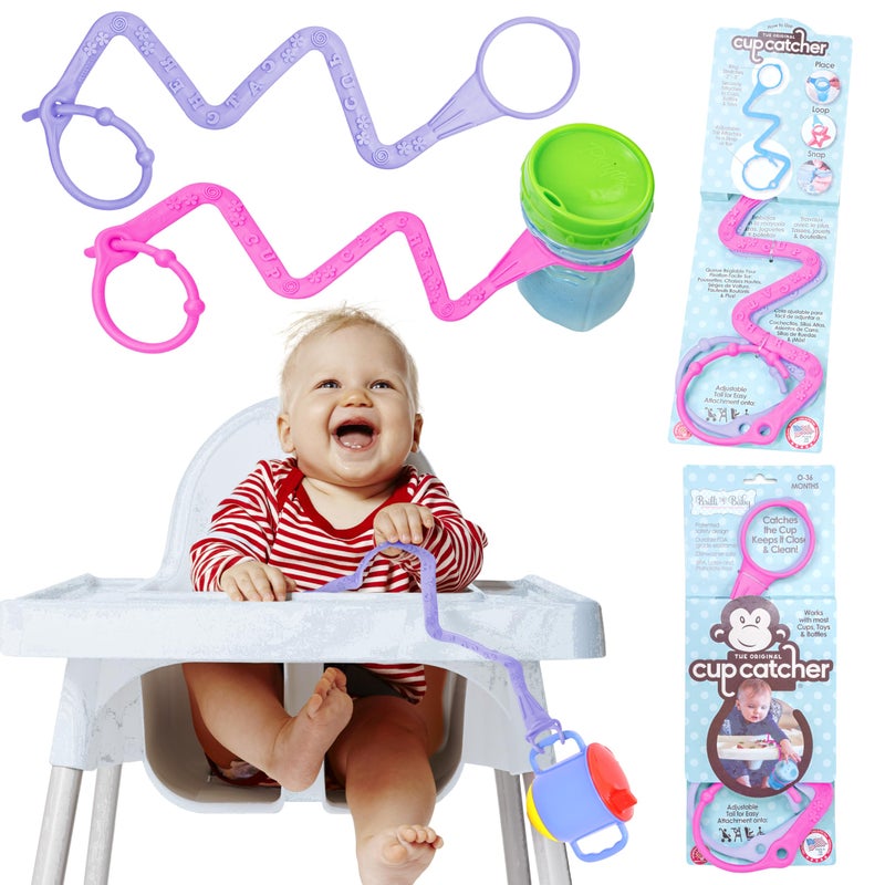 Brilli Baby Cup Catcher Patented Safety Tether Strap, Attach Sippy Cups, Bottles, Pacifiers & More to Stroller, High Chair, Car Seat, Made in USA, Food Grade, Dishwasher Safe (Lavender & Pink) - Image 1