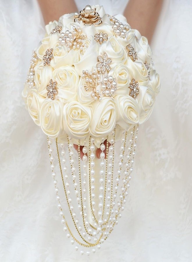 Gkvszy Ivory Wedding Bouquet with Rhinestone Brooch Pearl String Cascading Bridal Bouquet for Bride Bridesmaid Quinceanera Satin Rose Flower Bouquet Wedding Ivory 8.7in - Image 5