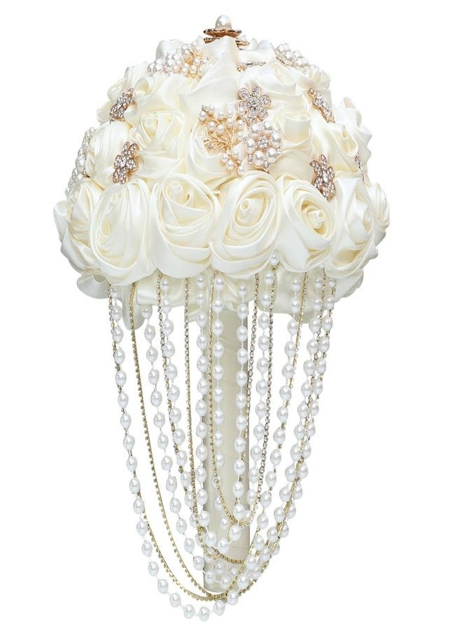 Gkvszy Ivory Wedding Bouquet with Rhinestone Brooch Pearl String Cascading Bridal Bouquet for Bride Bridesmaid Quinceanera Satin Rose Flower Bouquet Wedding Ivory 8.7in - Image 2