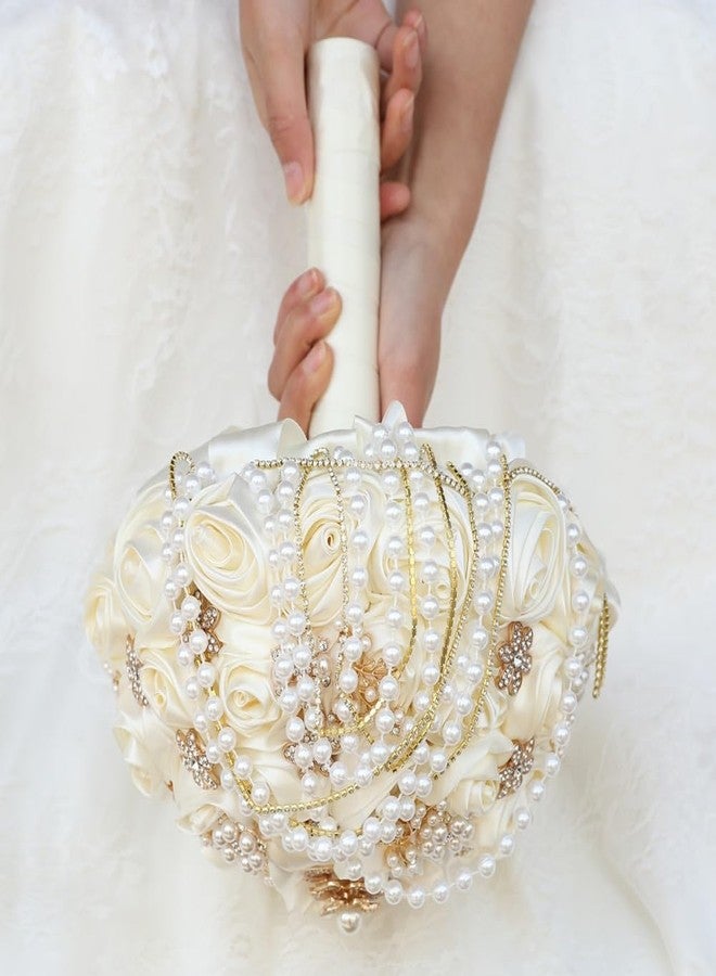 Gkvszy Ivory Wedding Bouquet with Rhinestone Brooch Pearl String Cascading Bridal Bouquet for Bride Bridesmaid Quinceanera Satin Rose Flower Bouquet Wedding Ivory 8.7in - Image 3
