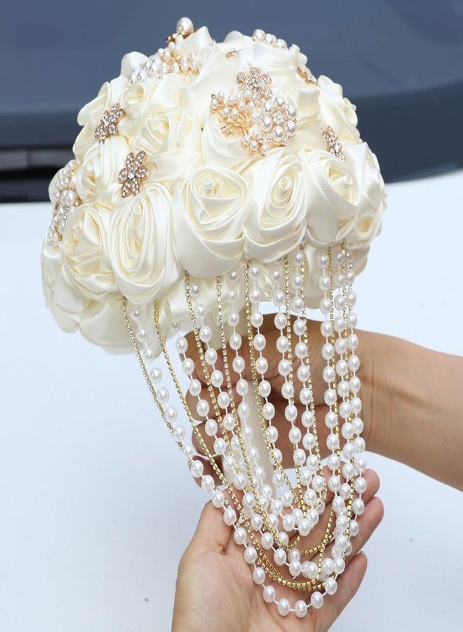 Gkvszy Ivory Wedding Bouquet with Rhinestone Brooch Pearl String Cascading Bridal Bouquet for Bride Bridesmaid Quinceanera Satin Rose Flower Bouquet Wedding Ivory 8.7in - Image 4