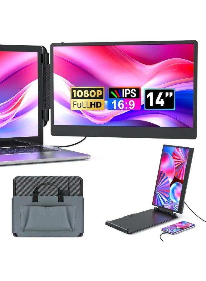 Laptop Screen Extender Monitor - 14 Inch Portable IPS FHD 1080P HDMI/USB-A/Type-C Dual Extended Monitor for Laptops ,Compatible with Windows Mac Travel Gaming Work