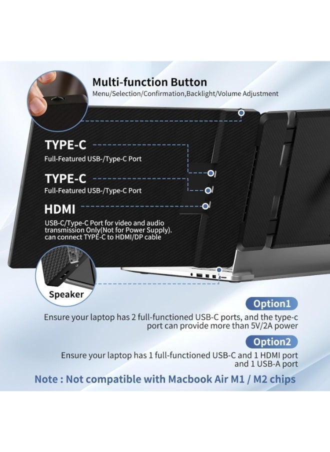 Laptop Screen Extender Monitor - 14 Inch Portable IPS FHD 1080P HDMI/USB-A/Type-C Dual Extended Monitor for Laptops ,Compatible with Windows Mac Travel Gaming Work