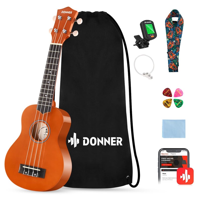 Donner Soprano Ukulele for Beginners 21 Inch Ukelele Starter Bundle Kit with Free Online Lessons Bag Strap String Tuner Picks Cloth Ukalalee Yukalalee (Orange) - Image 1