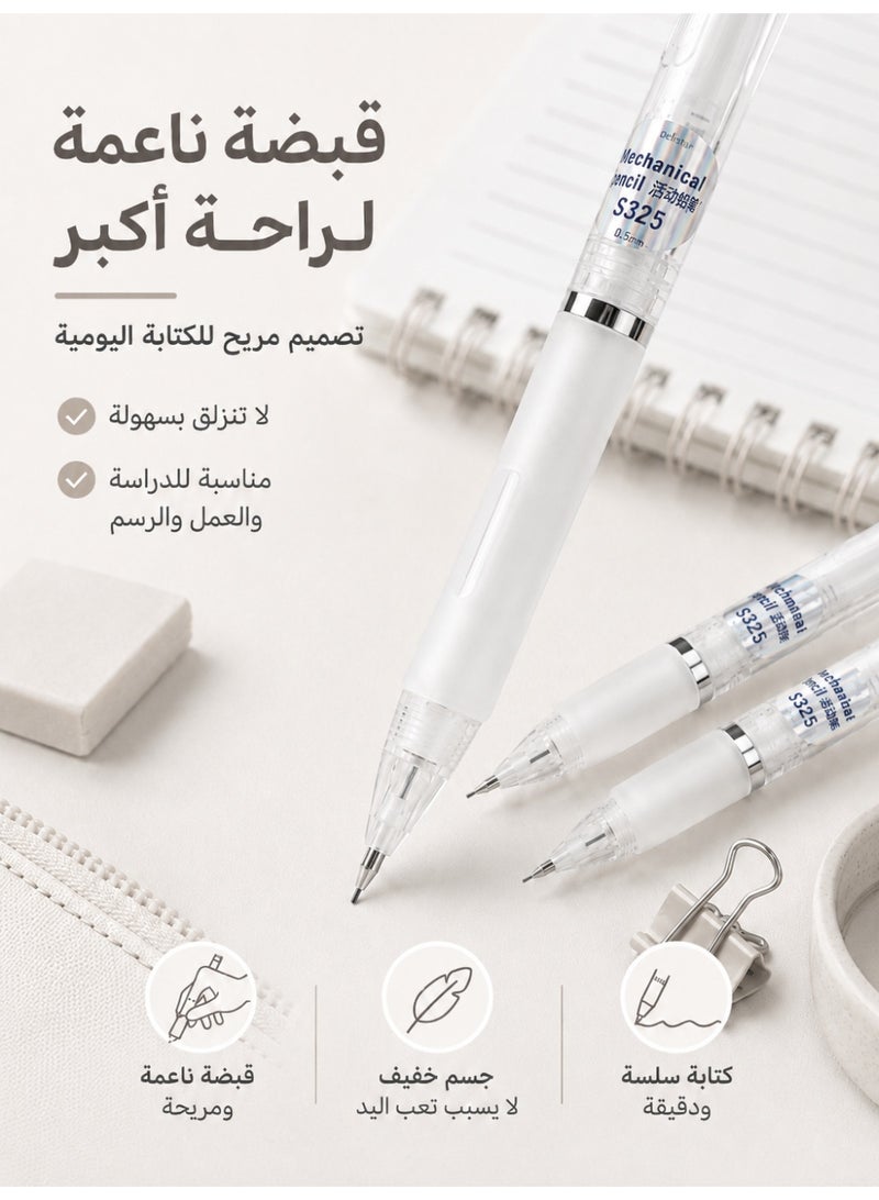Deli 6 Pcs  Mechanical Pencils, 3pcs 0.5mm White Plastic Automatic Pencil Set and 3 Tubes 60 Pcs HB Lead Refills, School Supplies for Students Writing Drawing Notes and Office Use, White - Image 2