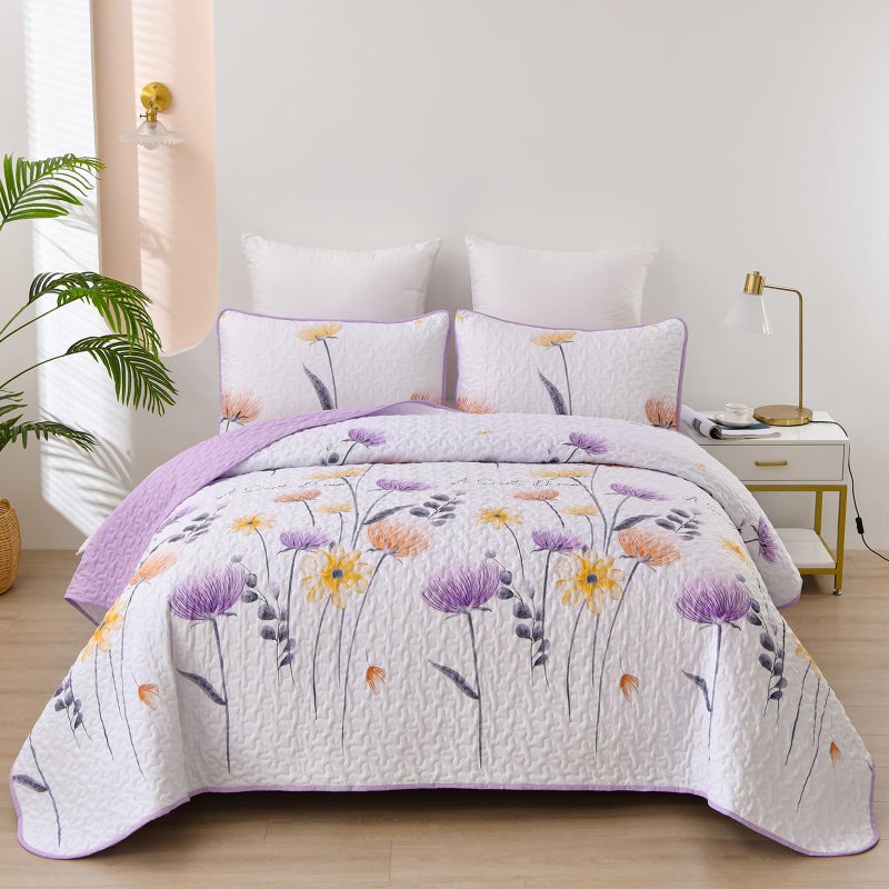 Dinjoy Purple Quilt Set Full Size, Floral Bedspread Set 3 Pieces Reversible Quilted Fall Bedding Set Microfiber Lightweight Bedspread Coverlet Farmhouse Set for Women Girls 78"x90" - Image 1