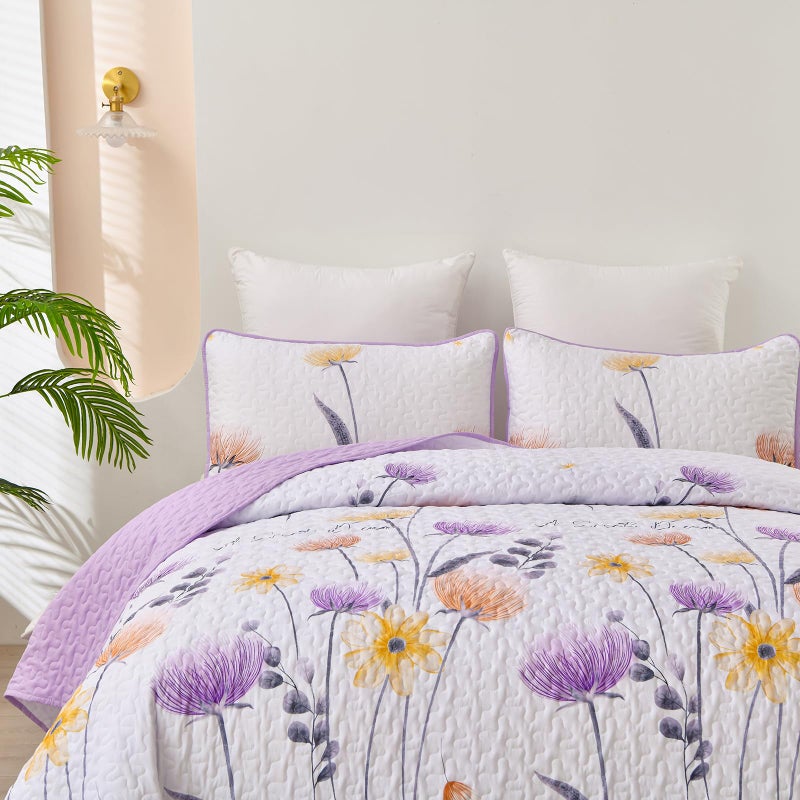 Dinjoy Purple Quilt Set Full Size, Floral Bedspread Set 3 Pieces Reversible Quilted Fall Bedding Set Microfiber Lightweight Bedspread Coverlet Farmhouse Set for Women Girls 78"x90" - Image 4