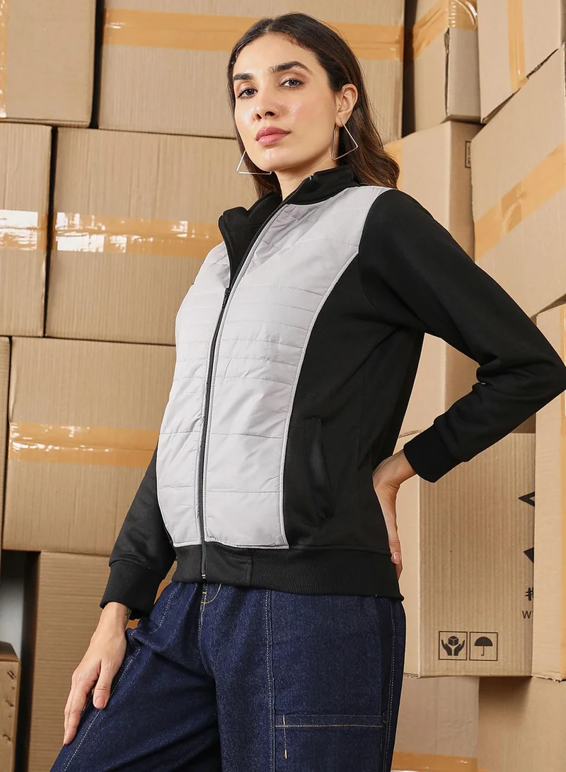 Campus Sutra Women's Cloud Grey & Onyx Black Zip-Front Block Jacket