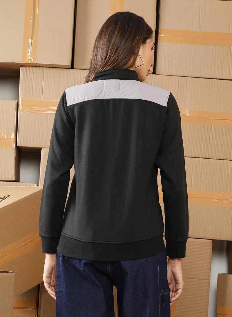 Campus Sutra Women's Cloud Grey & Onyx Black Zip-Front Block Jacket
