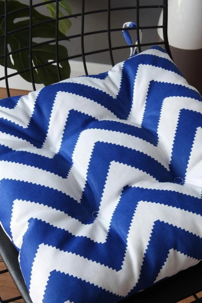 Altın Pamuk Golden Cotton Goldencotton Beta Pofidic Blue Zigzag Chair Cushion With Lace 40X40CM