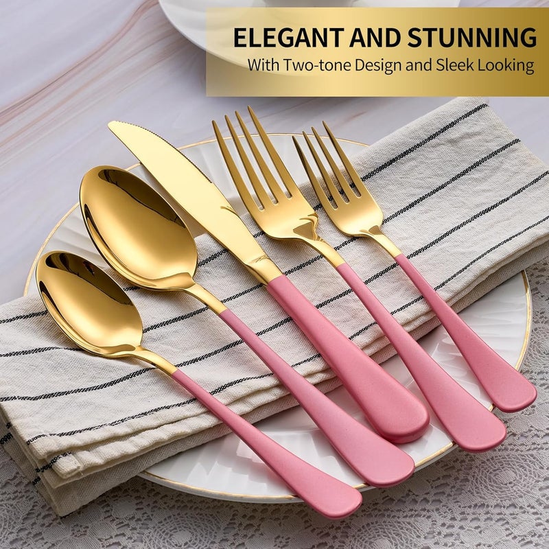 Moxinox 20-Piece Gold Silverware Set, 18/0 Stainless Steel Pink Handle Flatware Set, Service for 4, Modern Cutlery Set Includes Dinner Knives Forks Spoons, Mirror Polished, Dishwasher Safe - Image 3