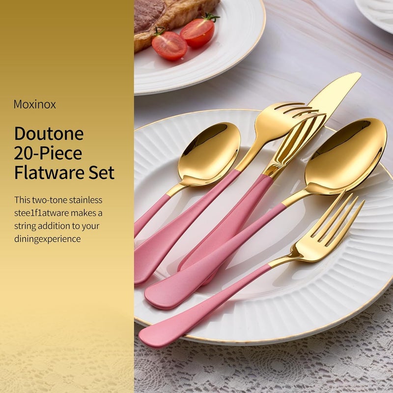 Moxinox 20-Piece Gold Silverware Set, 18/0 Stainless Steel Pink Handle Flatware Set, Service for 4, Modern Cutlery Set Includes Dinner Knives Forks Spoons, Mirror Polished, Dishwasher Safe - Image 5