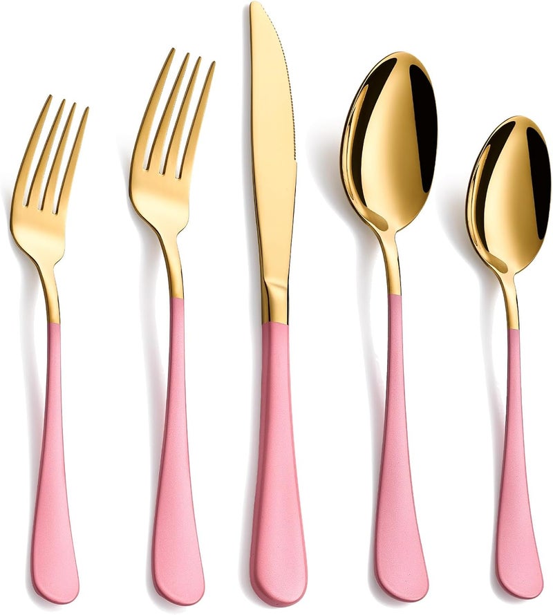 Moxinox 20-Piece Gold Silverware Set, 18/0 Stainless Steel Pink Handle Flatware Set, Service for 4, Modern Cutlery Set Includes Dinner Knives Forks Spoons, Mirror Polished, Dishwasher Safe - Image 1