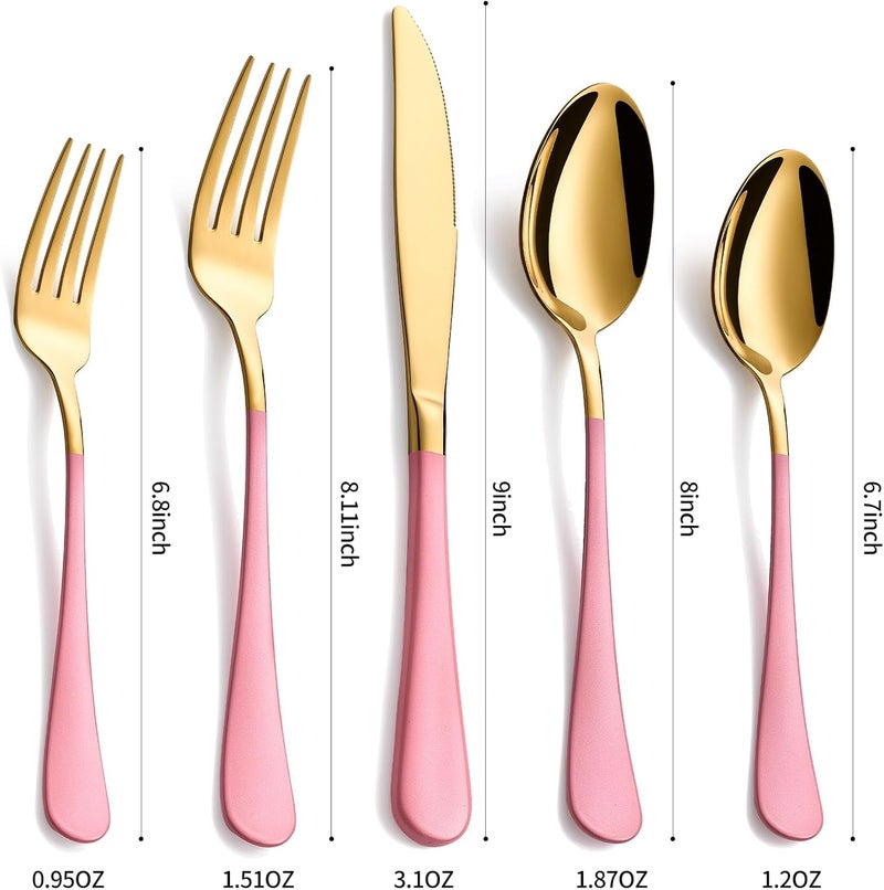 Moxinox 20-Piece Gold Silverware Set, 18/0 Stainless Steel Pink Handle Flatware Set, Service for 4, Modern Cutlery Set Includes Dinner Knives Forks Spoons, Mirror Polished, Dishwasher Safe - Image 2