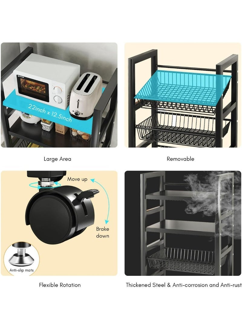 رفوف تخزين المطبخ من 5 طبقات، رفوف معدنية لرفوف مخزن التخزين مع العجلات الدوارة، رف تخزين متحرك متعدد الوظائف، رف دائم للمطبخ/غرفة النوم/خزانة الغسيل - Image 4