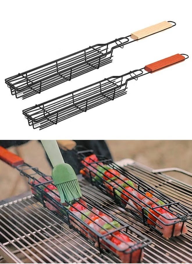 MIXDE 2 Packs 19.3” BBQ Net BBQ Cage Kebab Grilling Basket, Extra Long Stainless Steel Kabob Grilling Baskets with Handle, Metal BBQ Skewers Kabob Basket for Outdoor Grill Kabobs Meat, Loose Veggies  - Image 1