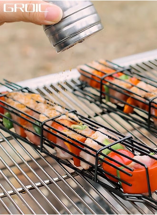 2 Packs 19.3” BBQ Net BBQ Cage Kebab Grilling Basket, Extra Long Stainless Steel Kabob Grilling Baskets with Handle, Metal BBQ Skewers Kabob Basket for Outdoor Grill Kabobs Meat, Loose Veggies