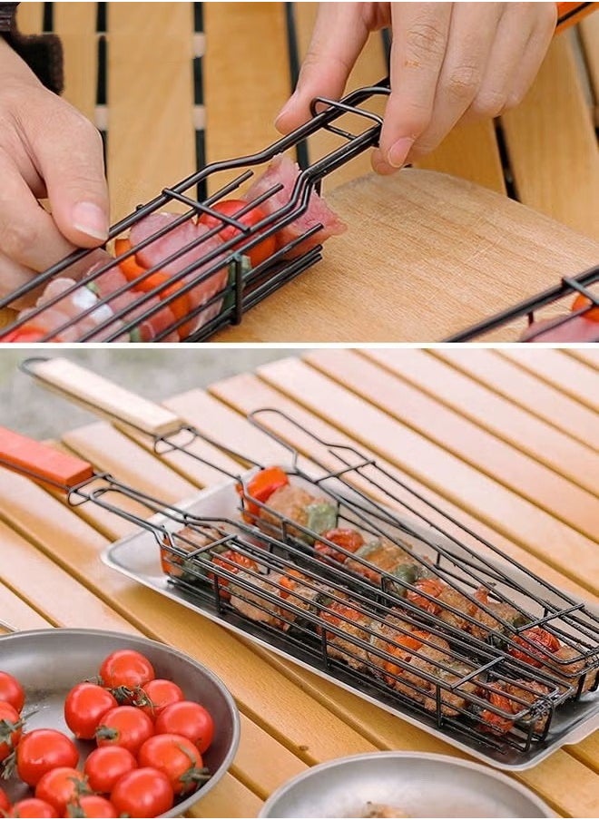 2 Packs 19.3” BBQ Net BBQ Cage Kebab Grilling Basket, Extra Long Stainless Steel Kabob Grilling Baskets with Handle, Metal BBQ Skewers Kabob Basket for Outdoor Grill Kabobs Meat, Loose Veggies