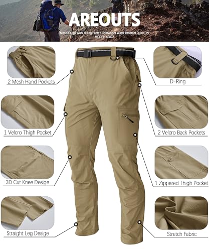 AREOUTS Men's Cargo Work Hiking Pants Lightweight Water Resistant Quick Dry Fishing Travel Camping Outdoor Breathable Multi Pockets Khaki L - Image 5