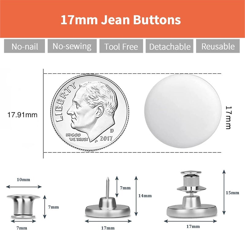 ZENGLU 16 Sets Jean Buttons pins No Sew Instant 17mm Replacement Button Adjustable Pants Buttons Kit… - Image 2
