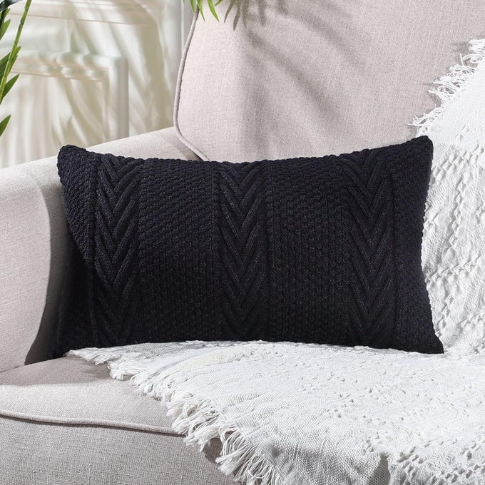 Cotton Knitted Decorative Lumbar Throw Pillow Covers Soft Cozy Outdoor Cushion Cases Luxury Modern Pillowcases for Couch Sofa Bed 12x20 Inches Black