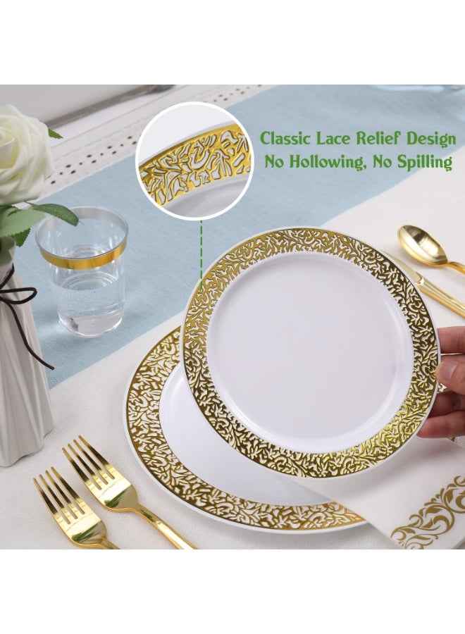 ASIV 175-piece Luxury Set | 25 Servings of Gold Lace Disposable Tableware Suitable for Weddings / Eid / Celebrations with White Plates and Gold Edges - Image 2