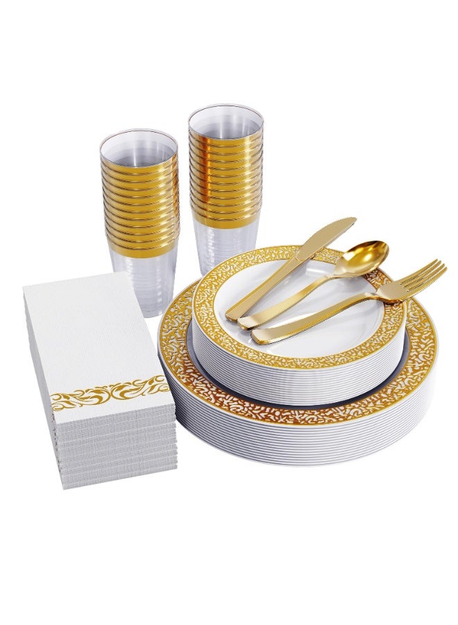 ASIV 175-piece Luxury Set | 25 Servings of Gold Lace Disposable Tableware Suitable for Weddings / Eid / Celebrations with White Plates and Gold Edges - Image 1