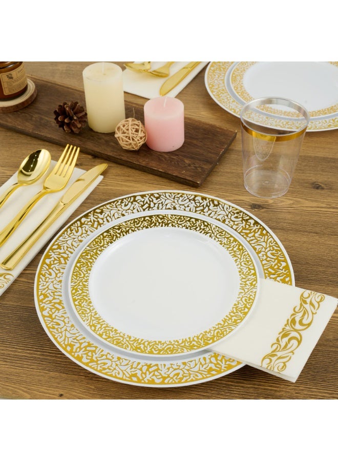 ASIV 175-piece Luxury Set | 25 Servings of Gold Lace Disposable Tableware Suitable for Weddings / Eid / Celebrations with White Plates and Gold Edges - Image 3