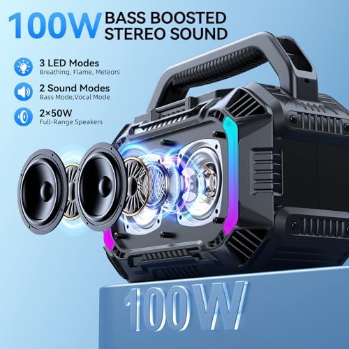 Wilody Speakers Bluetooth Wireless, 100W Loud Outdoor Speaker with Bass, IPX7 Waterproof Floatable, 20H Playtime, Wireless Charge, TWS, RGB Light, Portable Speaker for Work, Garage, Outdoor (Black) - Image 2