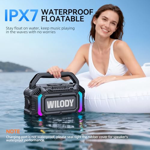 Wilody Speakers Bluetooth Wireless, 100W Loud Outdoor Speaker with Bass, IPX7 Waterproof Floatable, 20H Playtime, Wireless Charge, TWS, RGB Light, Portable Speaker for Work, Garage, Outdoor (Black) - Image 4