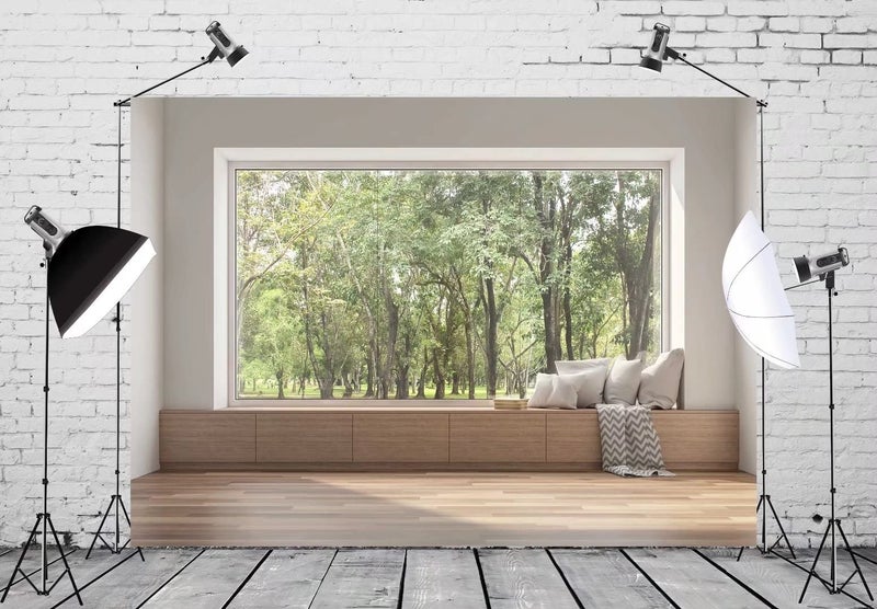 BELECO 7x5ft Fabric Modern Living Room Window Backdrop House Interior Green Forest Trees Scenery Nature Background Wallpaper Home Office Zoom Meeting Video Conference Backdrop Photo Studio Props - Image 2