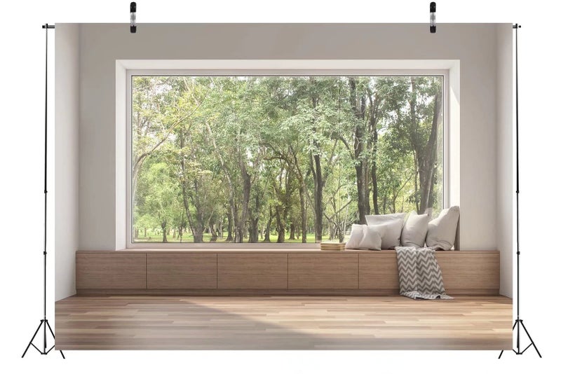 BELECO 7x5ft Fabric Modern Living Room Window Backdrop House Interior Green Forest Trees Scenery Nature Background Wallpaper Home Office Zoom Meeting Video Conference Backdrop Photo Studio Props - Image 4
