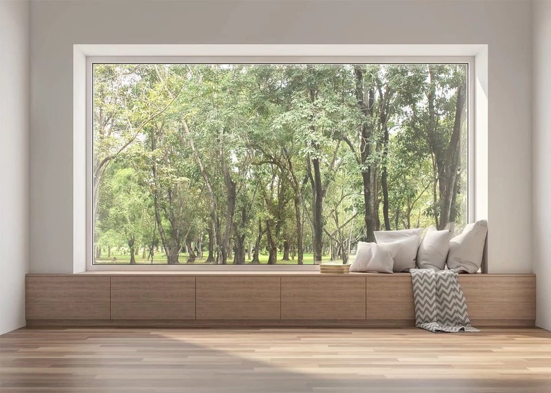 BELECO 7x5ft Fabric Modern Living Room Window Backdrop House Interior Green Forest Trees Scenery Nature Background Wallpaper Home Office Zoom Meeting Video Conference Backdrop Photo Studio Props - Image 1
