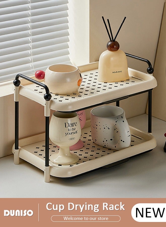 DUNISO 2 Tier Cup Drying Rack with Drain Tray, Countertop Mug Holder, Bathroom Cup Storage Shelf, Multi-Functional Kitchen Storage Organizer Shelf for Glasses, Tumbler, Teacups  - Image 1