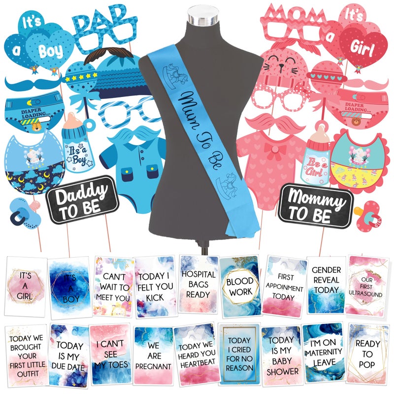 Wobbox Baby Shower Ceremony Photo Booth Props for Photoshoot, Milestone Card& Mom to Be Sash, Baby Shower Sash, Godh Bharai Ceremony Decoration Kit, Baby Shower Decoration Items (FP5489) - Image 1