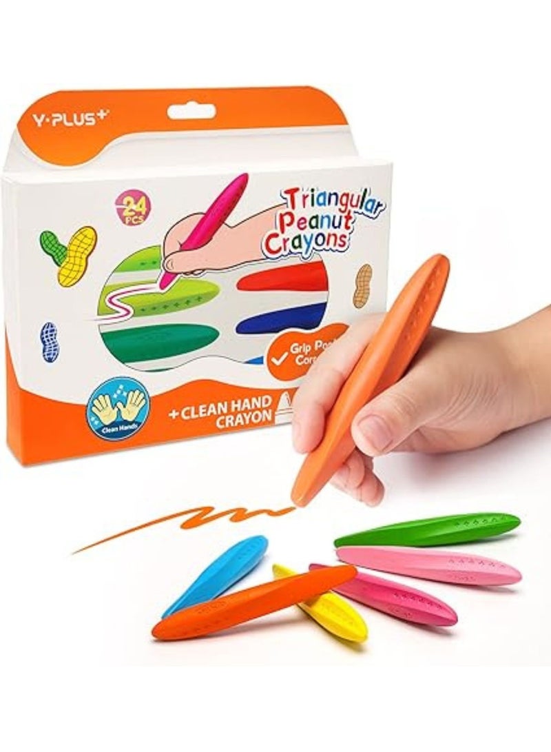 Y plus+ Triangle Peanut Crayons for Kids - Non-Toxic, Washable Coloring Art Supplies for Toddlers, Perfect for Handwriting Posture Correction - 24 Vibrant Colors Included - Image 1