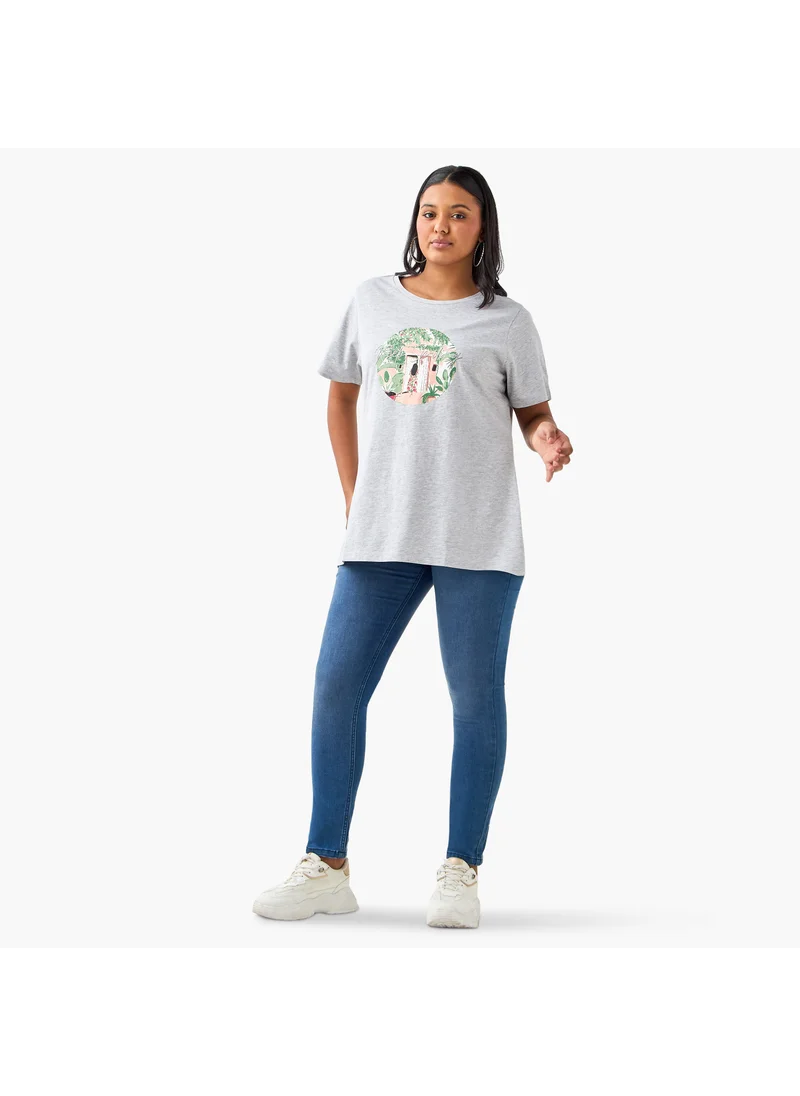Ulla Popken Plus Size Ulla Popken Graphic Print Round Neck T-shirt with Short Sleeves