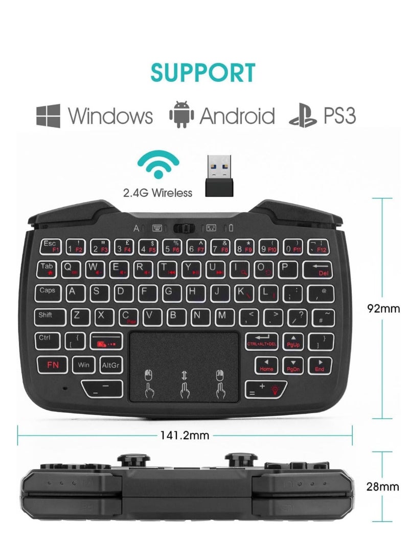 RK707 Mini Keyboard and Mouse Combo with Trackpad Media Keyboard Mouse with Game Controller 62-Key Rechargeable Backlit Turbo Vibration for PC Raspberry pi2 Android TV Google TV
