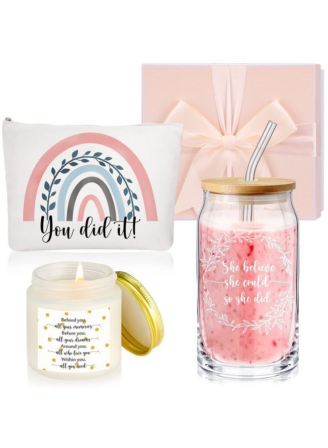 Nuanchu Set Of 4 Back To School Gifts For Teacher Congratulations Gifts For Women Lavender Scented Candles She Believe She Could Glass Cups Rainbow Sign Makeup Bag For Women Teacher (Fresh Style) - Image 2