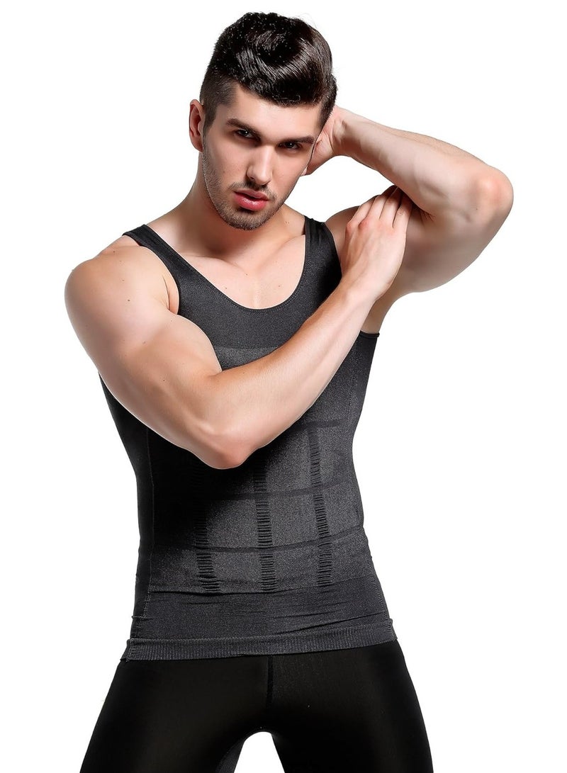 Mens Slimming Body Shaper Vest Shirt Mens Athletic Compression Shirt Slimming Body Shaper Tank Top Abs Abdomen Slim Vest Undershirt (Medium) Grey