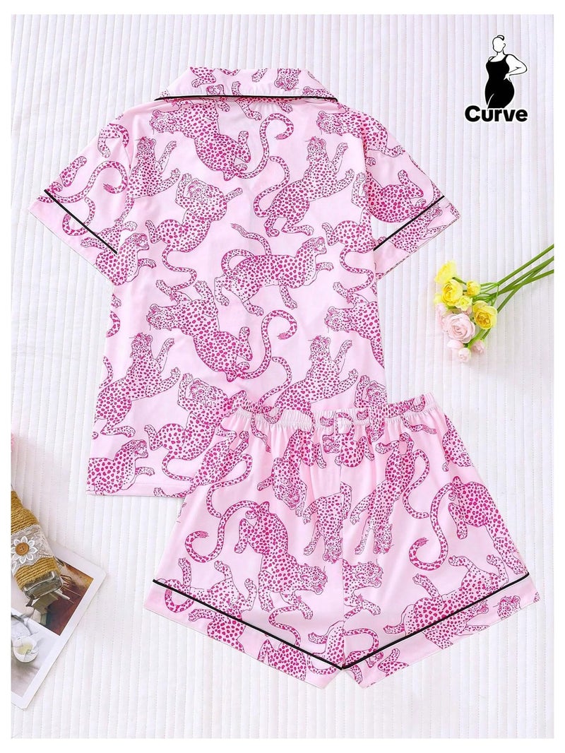 WDIRARA Women's Two Piece Animal Print Short Sleeve Button Shirt and Elastic Waist Shorts Pajama Set Hot Pink Medium - Image 2